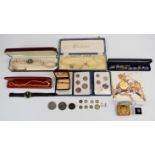 A collection of costume jewellery including faux pearls, marcasite jewellery, watch, coins etc