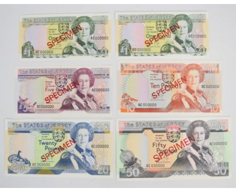 Jersey 1989 SPECIMEN banknote set including &pound;1, &pound;5, &pound;10, &pound;20 and &pound;50