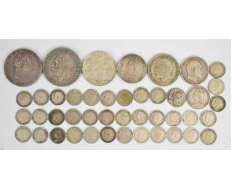 Approximately 168g of silver coinage to include 1818 George III crown, a Roman example, Queen Victoria and Edward VII florins