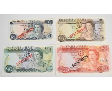 Jersey 1978 SPECIMEN banknote set including £1, £5, £10 and £20, all feature a special Maltese cross serial number prefix and