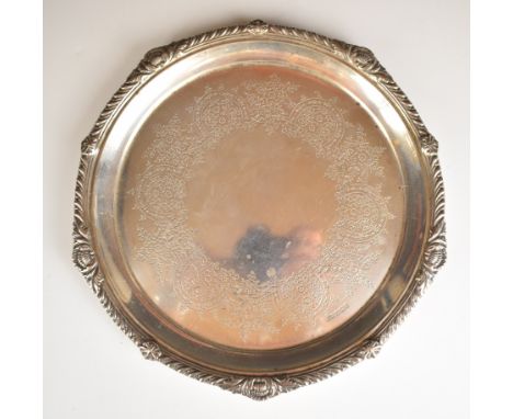 Mappin &amp; Webb Victorian hallmarked silver tray or salver with gadrooned edge and engraved decoration, raised on three dom