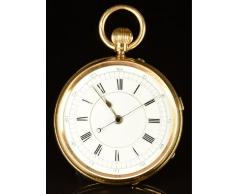 Unnamed 18ct gold keyless winding open faced doctor's chronograph pocket watch with blued centre seconds hand, gold hour and 