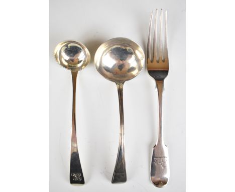 Georgian and later hallmarked silver cutlery comprising fiddle pattern table fork and two ladles, one Edinburgh 1811, maker&n