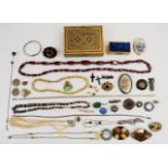 A collection of jewellery including Victorian brooches, silver necklace with banded agate beads,