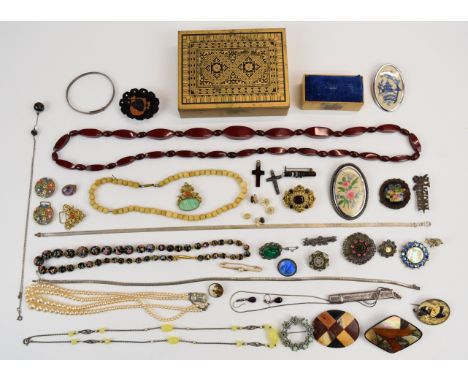 A collection of jewellery including Victorian brooches, silver necklace with banded agate beads, silver bangle, silver Mizpah