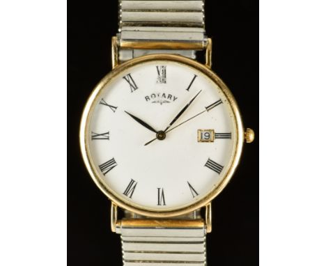 Rotary 9ct gold gentleman's wristwatch with date aperture, black hands and Roman numerals, white dial and quartz movement, on