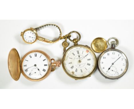 Four watches comprising a 9ct gold ladies wristwatch, a Limit gunmetal keyless winding open faced pocket watch, an unsigned k