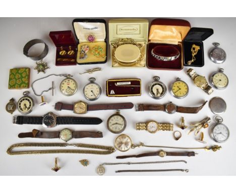 A collection of watches and costume jewellery including silver bangle, 9ct gold ring set with a diamond (2.9g), etc