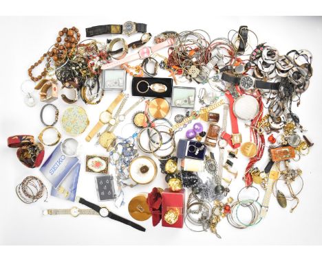 A collection of jewellery including Balmain cufflinks, silver earrings, gold plated pocket watch, four silver rings, watches,