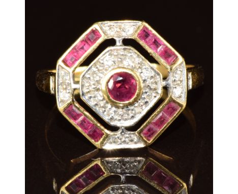 An 18ct gold Art Deco style ring set with rubies and diamonds, 5g, size R