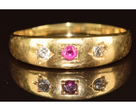 Victorian 18ct gold ring set with a synthetic ruby and diamonds, 2.9g, size R