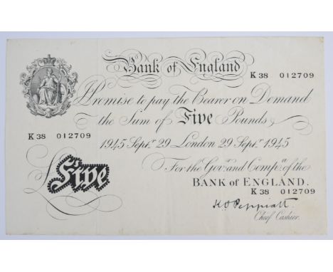 Bank of England 1945 K.O. Peppiatt white £5 banknote, London, 29th Sept. 1945  