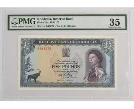 Rhodesia 1966 &pound;5 banknote PMG graded 35 'Choice Very Fine'