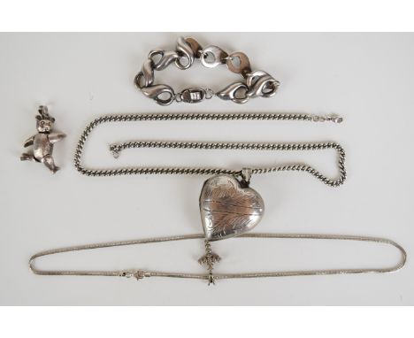 Silver heart locket on silver curb link necklace, silver bracelet, silver snake chain and teddy-bear pendant, 83g