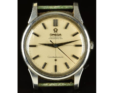 Omega Constellation gentleman's automatic chronometer wristwatch ref. 14381 with two-tone hands and baton hour markers, silve