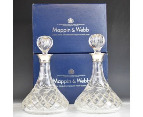 Pair of Mappin &amp; Webb hallmarked silver mounted cut glass ship's decanters, Birmingham 1980, height 26.5cm, in original b