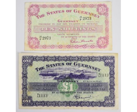 Guernsey 1945 £1 banknote signed H.E. Marquand and a 1966 10 Shillings signed L.A. Guillemette  