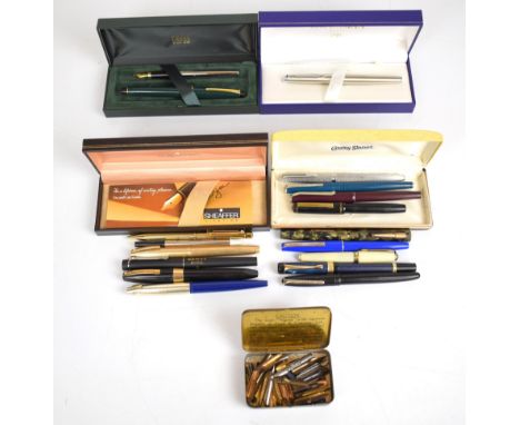 Seventeen fountain and ballpoint pens including Waterman, Conway Stewart, Cross Sheaffer etc, some in original boxes together