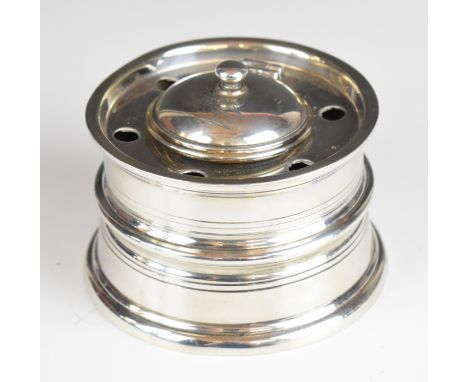 Edward VII hallmarked silver inkwell formed as a castle, London 1906, maker&nbsp;Edward Barnard &amp; Sons Ltd, diameter 9cm,