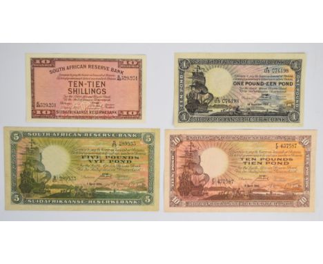 Four South Africa WW2 era (1940-44) banknotes comprising 10 Shillings, &pound;1, &pound;5 and &pound;10