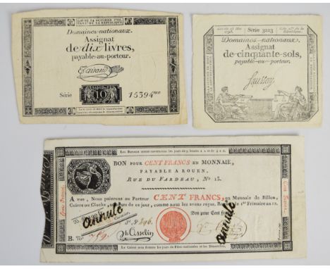 Two France Revolutionary assignats including a 1792 10 Livres and a 1793 50 Sols, plus a 1797-1803 issue Caisse d'Echange des