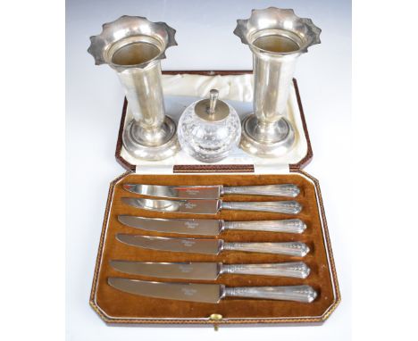 Hallmarked silver mounted items comprising pair of trumpet vases, height 14cm, dressing table brush and cased set of knives