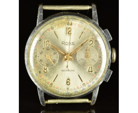 Rone gentleman's chronograph wristwatch with gold hands and Arabic numerals, silver dial, nickel plated case and 17 jewel cal