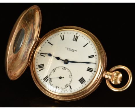 J W Benson of London 9ct gold keyless winding half hunter pocket watch&nbsp;with inset subsidiary seconds dial, blued hands, 