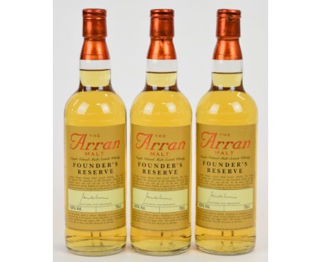 Three bottles of The Arran Malt Founder's Reserve Single Island Malt Scotch Whisky, 43% vol, 70cl, together with three flat p