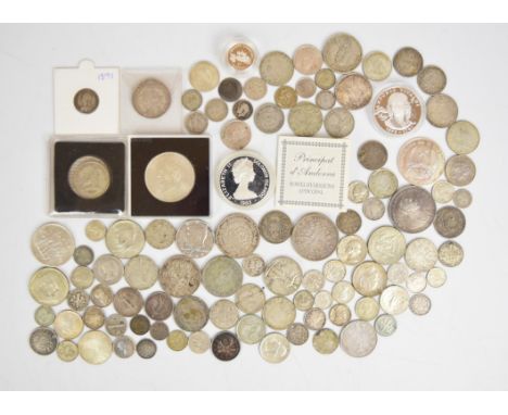 Approximately 650g of World silver coinage to include Commonwealth, South Africa, 1840 Queen Victoria Rupee, Paraguay 1968-19