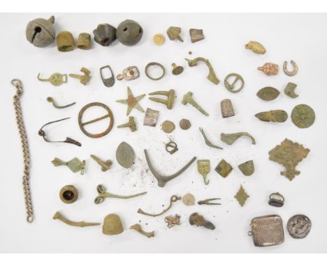 Large collection of detectorists finds including glass intaglio seal in bronze mount with traces of gilding, hallmarked silve