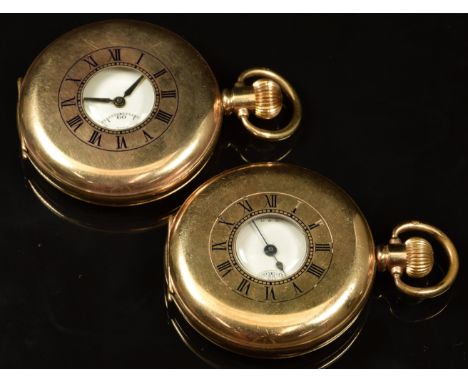 Two gold plated keyless winding half hunter pocket watches, one a Waltham with subsidiary seconds dial, blued hands, black Ro