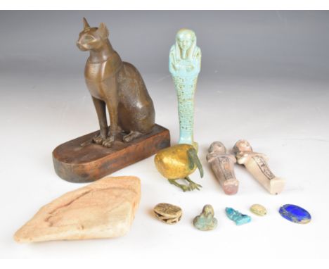 Egyptian collectables including Grand Tour style faience shabti, scarab beetles, Ibis figure etc, tallest 20cm