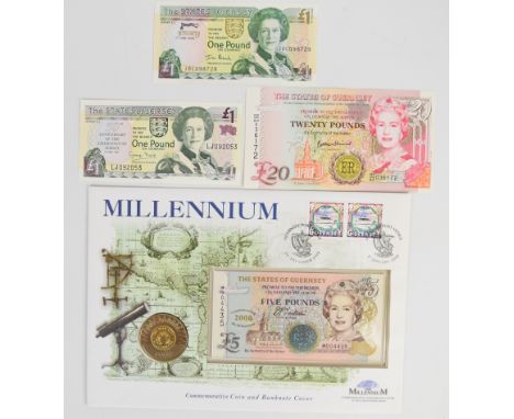 Four Jersey and Guernsey commemorative banknotes including a Guernsey £20 commemorating Queen Elizabeth II Diamond Jubilee an