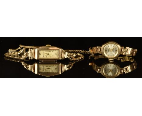 Two 9ct gold ladies wristwatches, J W Benson with gold hands, Arabic numerals, silver dial and 17 jewel movement, on 9ct gold