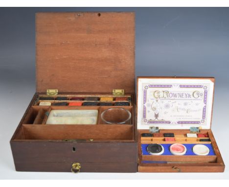 Two 19thC artist's watercolour boxes comprising Rowney example with three ceramic mixing dishes, one being a Newman example, 