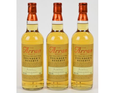 Three bottles of The Arran Malt Founder's Reserve Single Island Malt Scotch Whisky, 43% vol, 70cl, together with three flat p