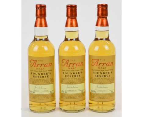 Three bottles of The Arran Malt Founder's Reserve Single Island Malt Scotch Whisky, 43% vol, 70cl, together with three flat p