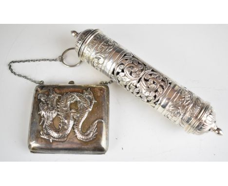 Indian or similar silver scroll holder marked 900, length 19cm, weight 147g,&nbsp; together with a Chinese purse with embosse