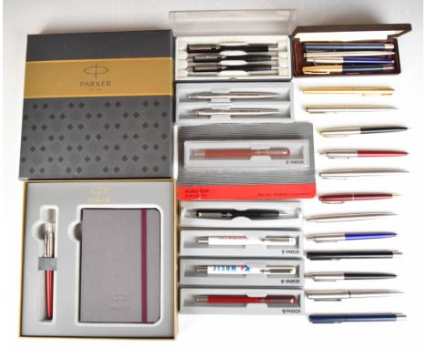 Twenty-seven Parker ballpoint and rollerball pens including advertising examples, some in original boxes and one a cased set 