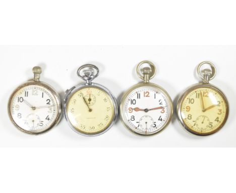 Four military keyless winding open faced pocket watches including a Waltham stopwatch, each with subsidiary seconds dial, Ara