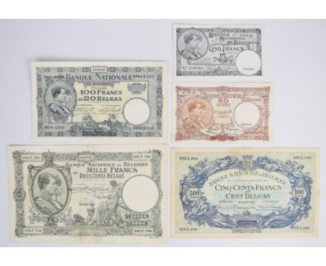 Five Belgium 1930-48 banknotes comprising 5, 20, 100, 500 and 1000 Francs, the 100, 500 and 1000 Francs notes all pre-WW2 and