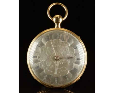 Breguet 18ct gold quarter repeater open faced pocket watch with gold hands, black Roman numerals, engraved bouquet of flowers