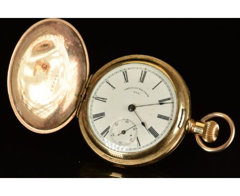 Waltham gold plated keyless winding full hunter pocket watch&nbsp;with inset subsidiary seconds dial, blued hands, black Roma