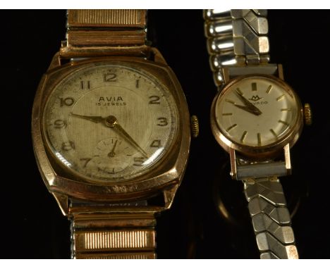 Two 9ct gold wristwatches, Avia with subsidiary seconds dial, gold hands and Arabic numerals, silver dial, cushion shaped cas