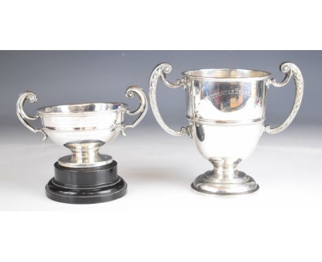 Two Chippenham Horse Show, Wiltshire George V hallmarked silver twin handled trophy cups, the larger London 1921, maker Mappi