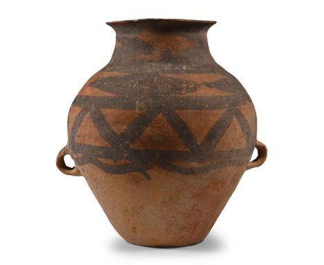 Neolithic Period, 3rd millennium B.C. Piriform bodied and painted with a figurative frog design; two loop handles to the equa