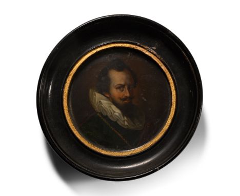 17th-18th century A.D. Or later. Depicting a mature man wearing a ruff and a thick gold chain; inscription to the reverse rea