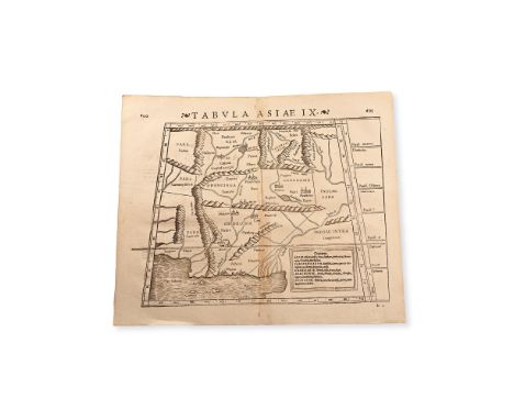 1571 A.D. Woodcut map with mountain ranges and rivers marked in, titled 'Tabula Asiae IX'; title page to reverse.  9.55 grams