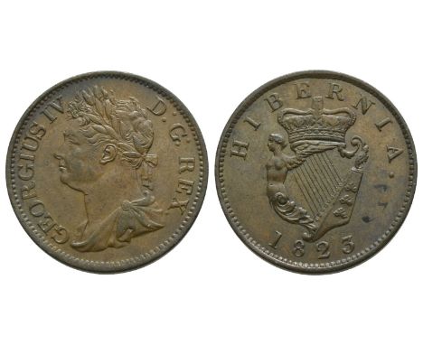 Dated 1823. 1820-1830. GEORGIUS IV D: G: REX., laureate and draped bust to left / HIBERNIA, crowned harp; date below. SCBC 66